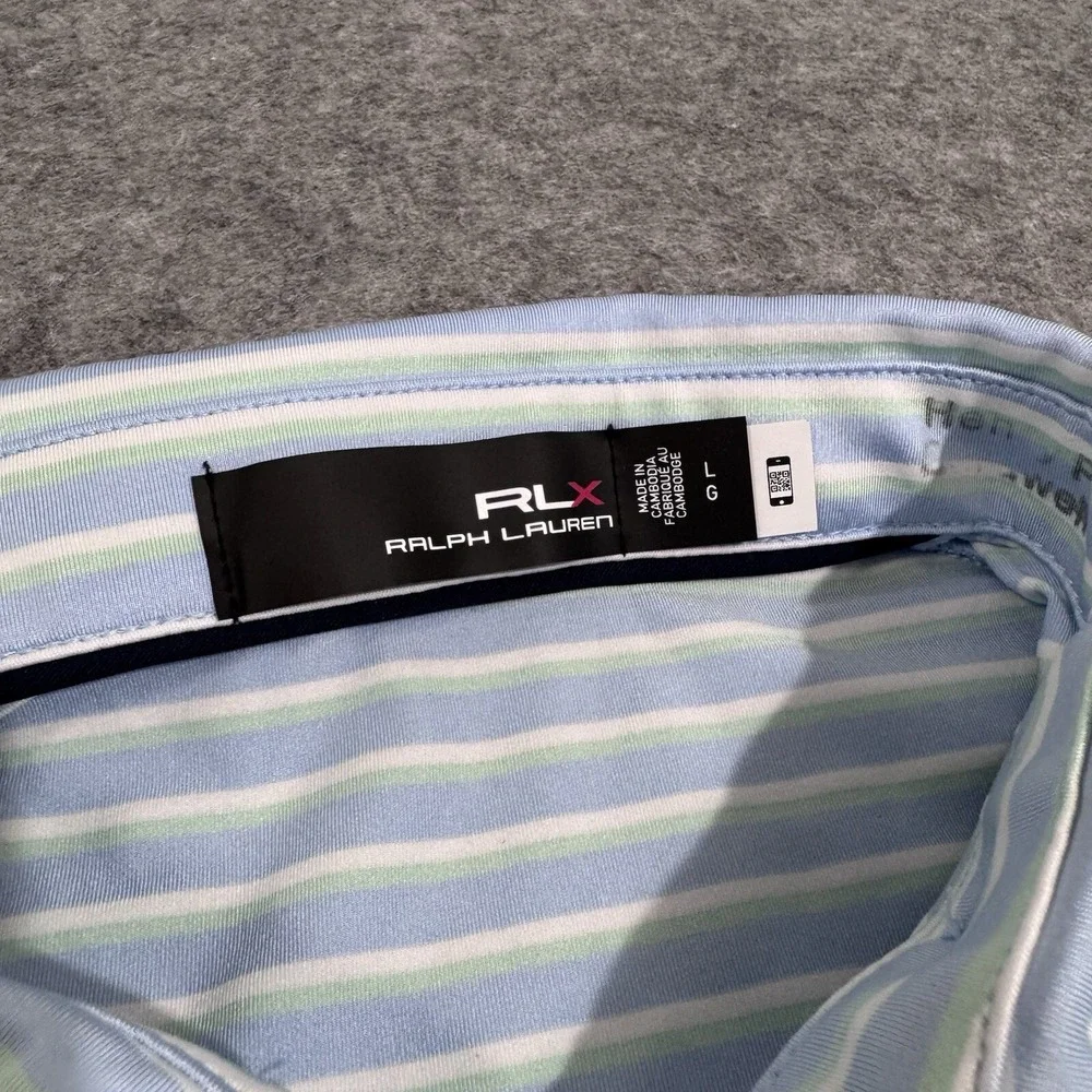 Ralph Lauren RLX Polo Shirt Mens Light Blue Striped Short Sleeve Golf Size L